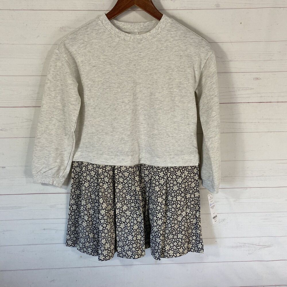 Carters Girls Long Sleeve Dress Size 10 Grey/Beige Floral Pullover Crew Neck New